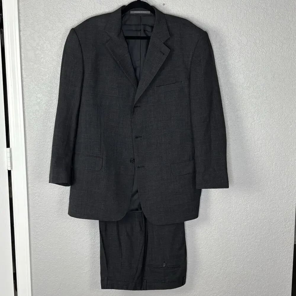 vtg 90s Giorgio Cosani Suit 44R 36X28 Wool 3 Button Pleated Gray Plaid